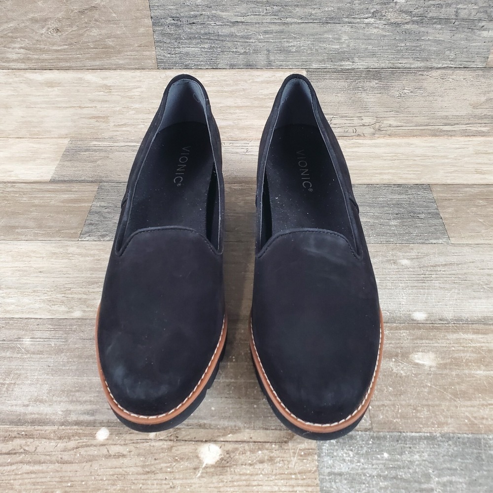 Vionic Willa Wedge Womens Loafer Sz 9 M Comfort Black Suede Leather Slip-On Shoe - Picture 2 of 12